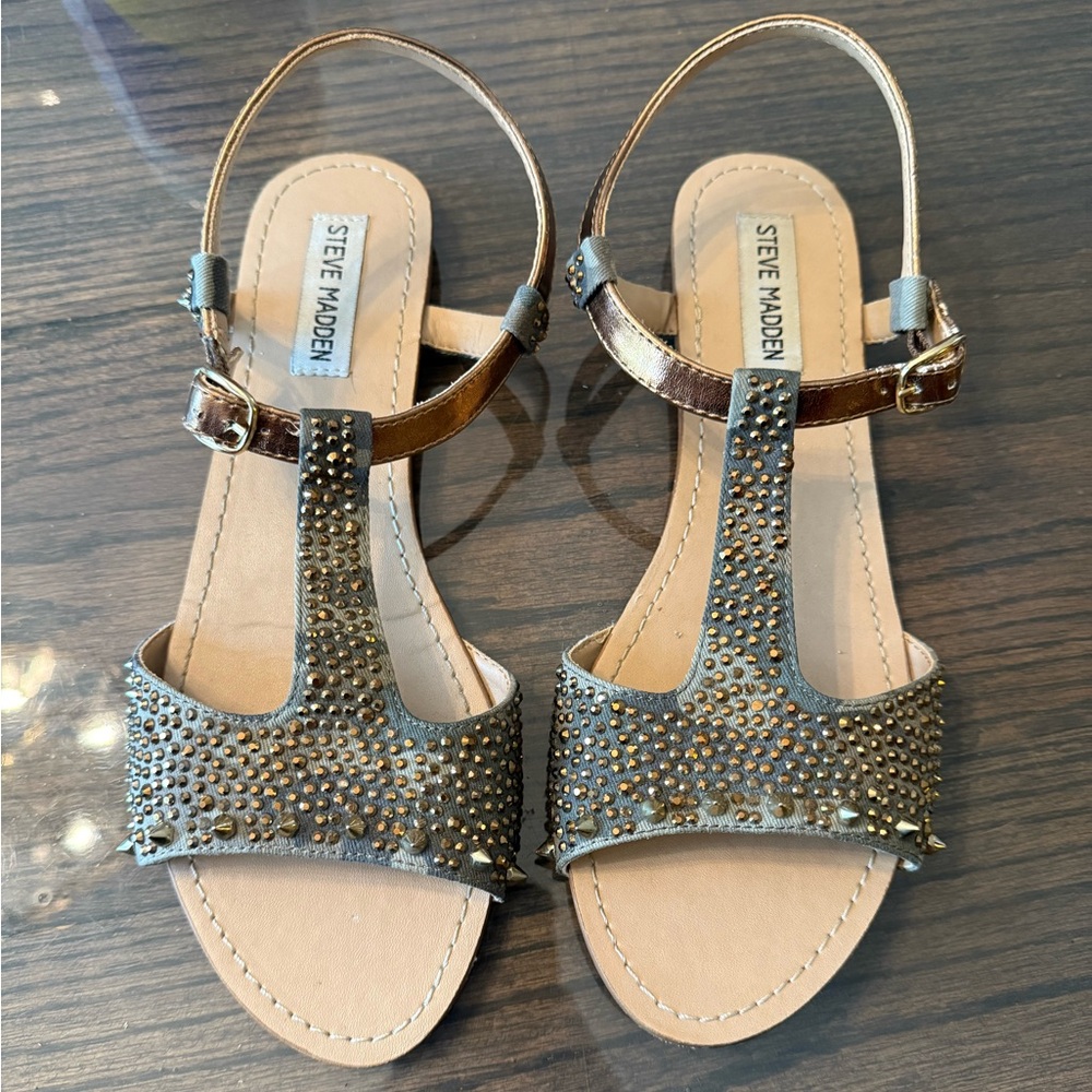 Steve Madden camouflage print green gold studded sandals